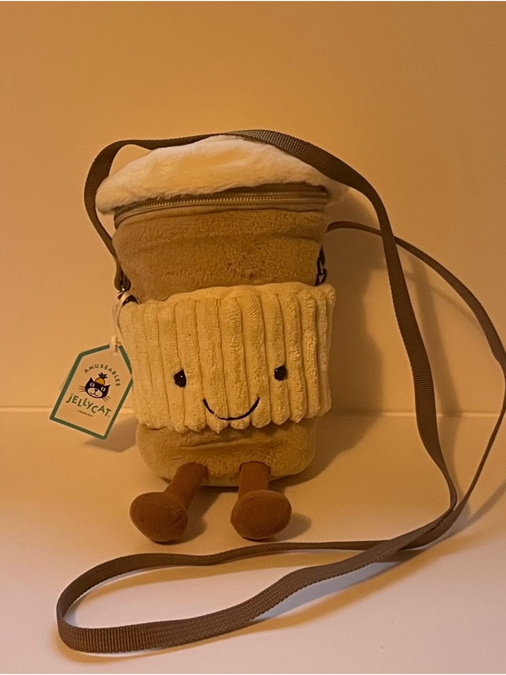 Jellycat Plush Coffee Cup Crossbody in Cream and Brown